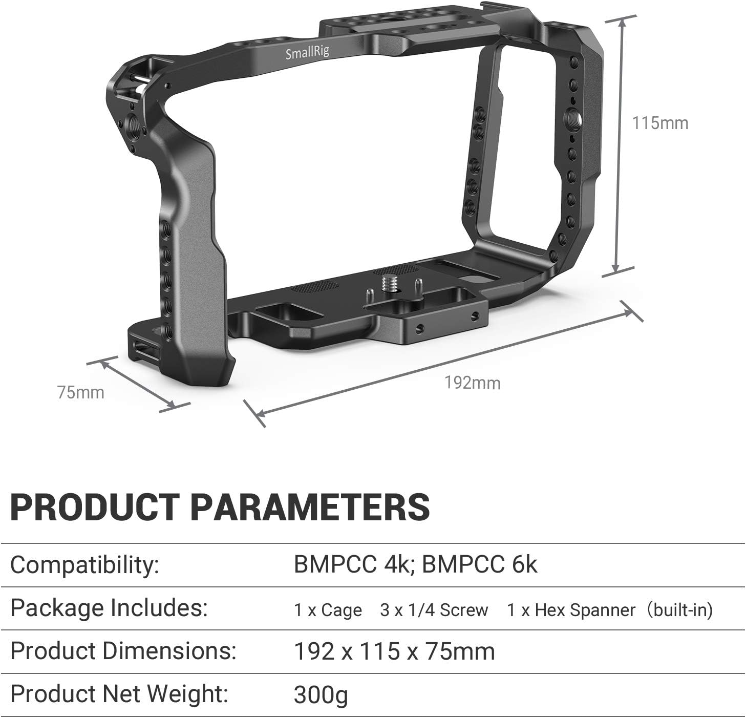 Product parameters and dimensions of the SMALLRIG BMPCC 4K & 6K Camera Cage