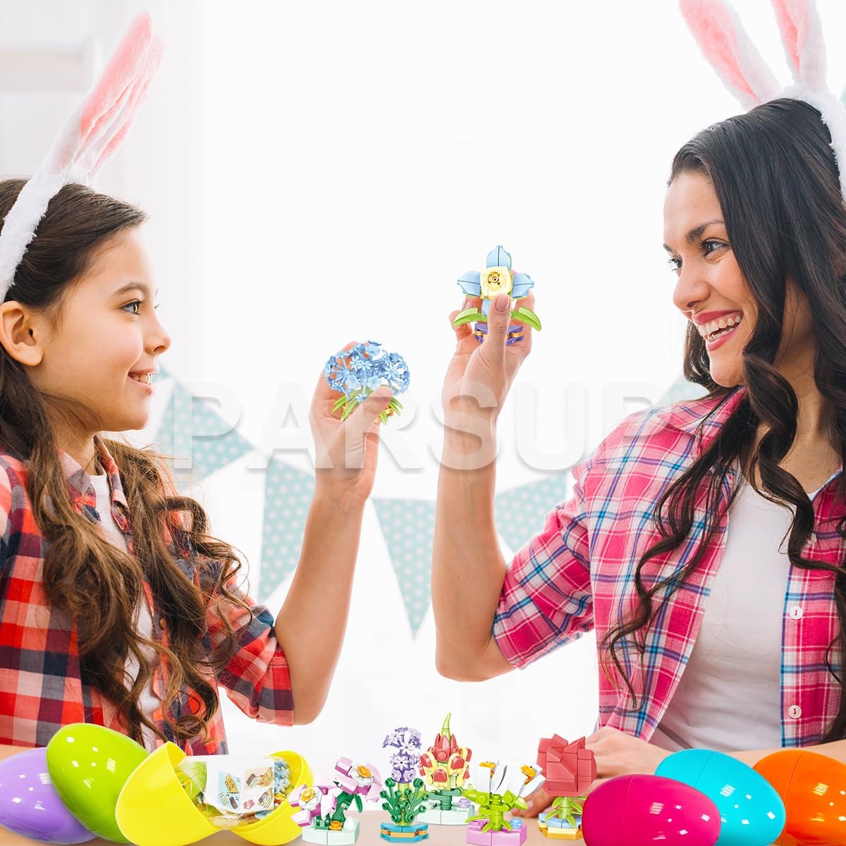 PARSUP 12 Pack Easter Plastic Eggs with Flower Building Blocks for Easter Theme Party Favors, Supplies for Easter Egg Hunt, Basket Stuffers/Fillers, Classroom Prize Supplies Toddler Boys Girls