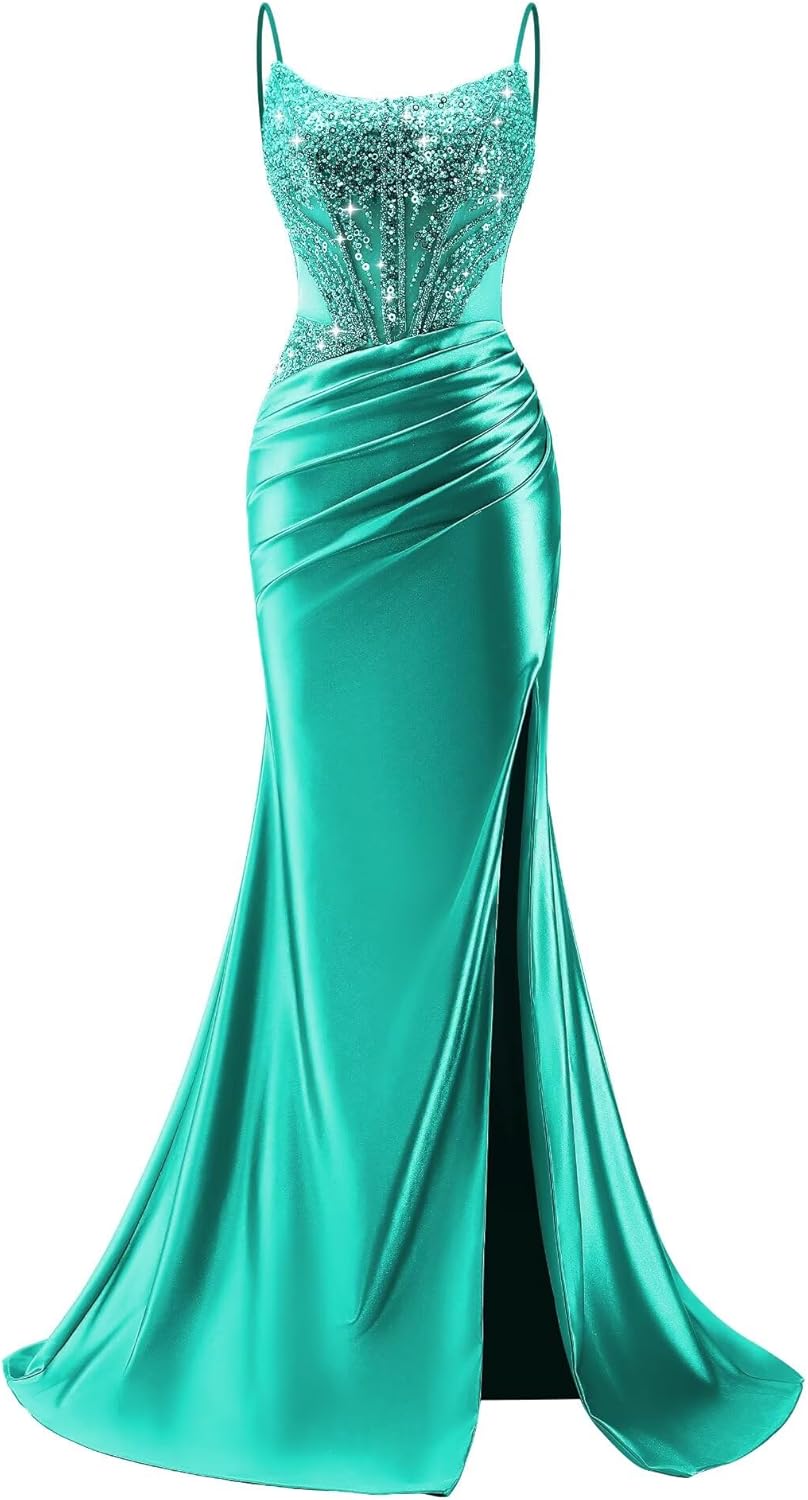 Mermaid Beaded Satin Prom Dresses 2026 Ruched Bodycon Pleated Formal Evening Dresses with Slit