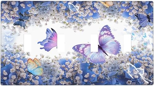 Miniatura 43 de Cubierta de interruptor de luz de 3 cuadrillas con diseño de flores azules púrpuras, cubierta de placa de pared de triple palanca, arbustos florales