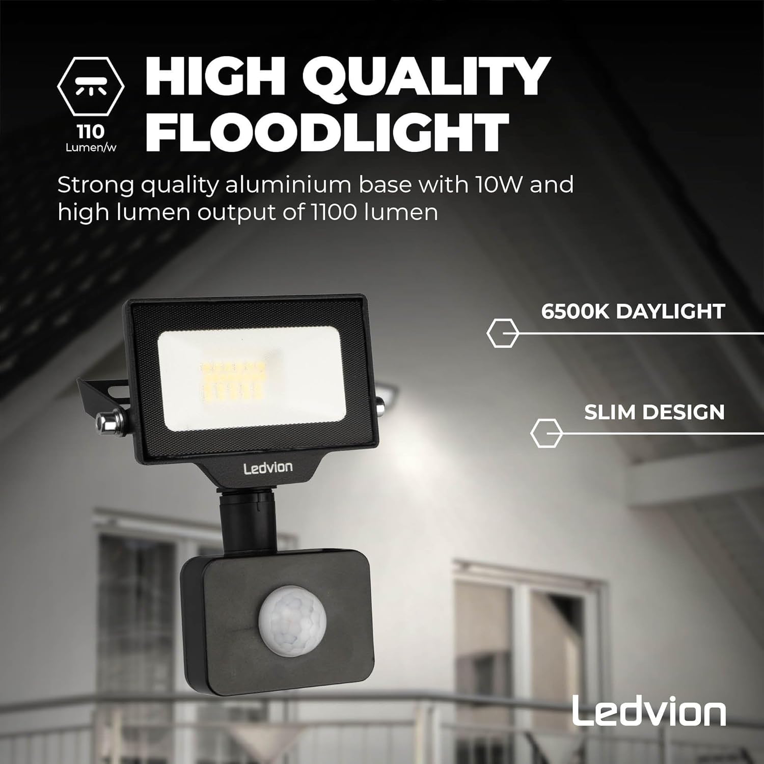 Ledvion LED Floodlight with Motion Sensor, showing slim design and high lumen output