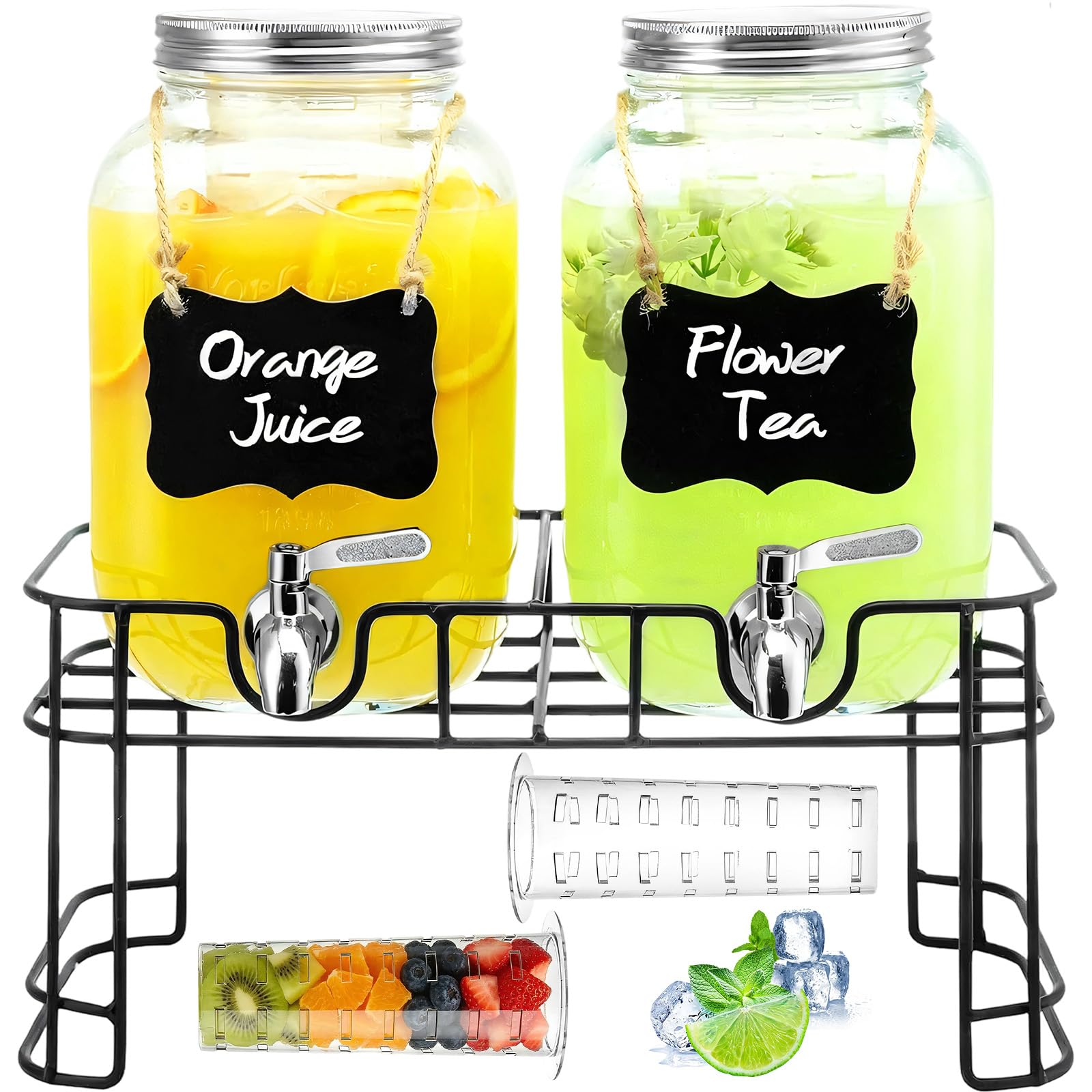 Dispensador de bebidas de vidrio 4L, 2 unidades con grifo, soporte metálico y tubo para hielo - Jarra para jugo agua fiestas bodas, camping