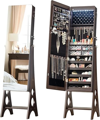 Miniatura 8 de LUXFURNI Armario de joyería de pie espejo de pantalla completa armario con bloqueo organizador grande de almacenamiento de cosméticos con soporte