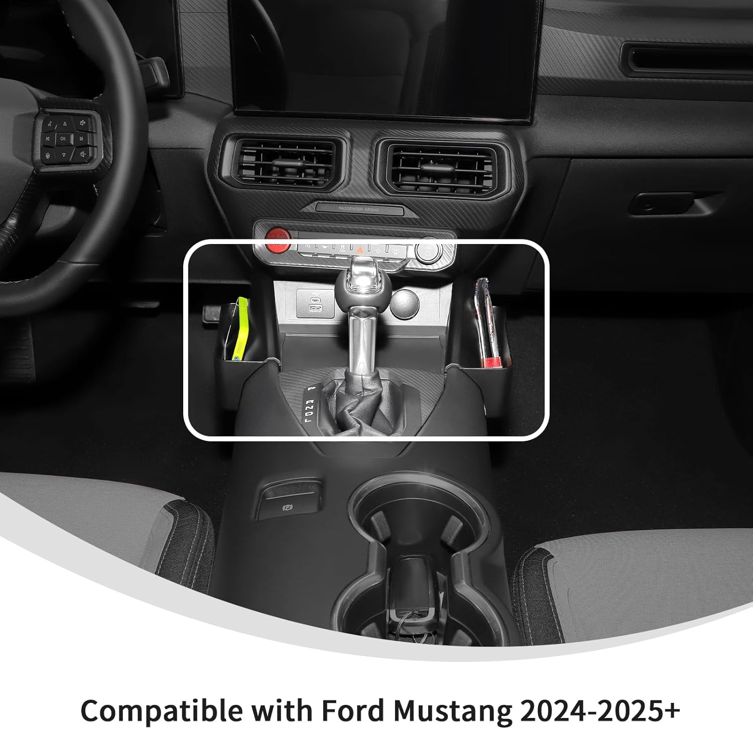 Linskip Center Console Side Organizer for Ford Mustang Ecoboost, GT, Dark Horse 2024 2025 2026+, Gear Shift Storage Tray for Mustang Interior Accessories(Black)