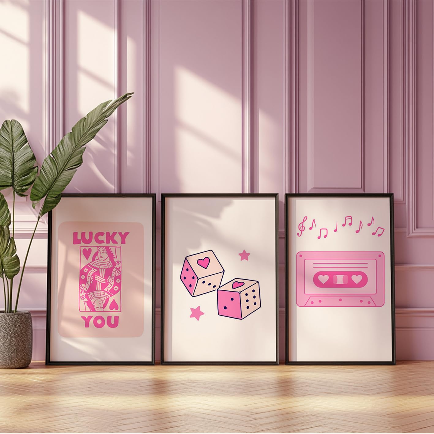 Preppy Pink Poster Set of 3 Lucky You Print Y2K Wall Art Girls Room Decor Trendy Modern Aesthetic Pink Womens Home Decoration Funky Queens Of Heart Framed Wall Art (A4 - Set of 3 FRAMED)