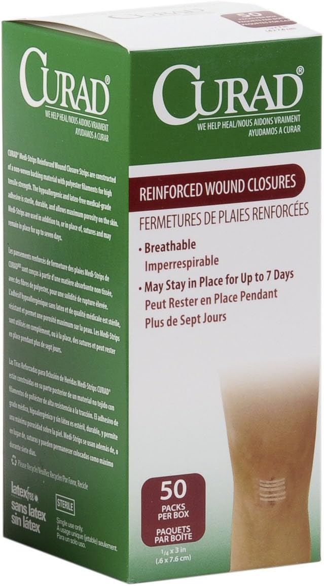 CURAD Sterile Medi-Strips Reinforced Wound Closures, 1/4" x 3", Hypoallergenic, 50 Packs of 3 Strips (150 Strips Total)