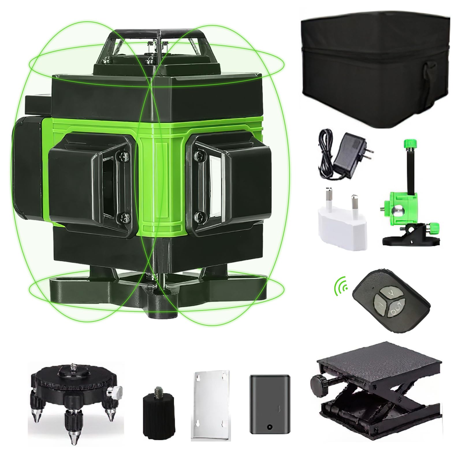 Niveau laser, niveau laser à nivellement vertical à 8 lignes avec 2 piles rechargeables de 2 600 mAh, télécommande, support rotatif et base de levage