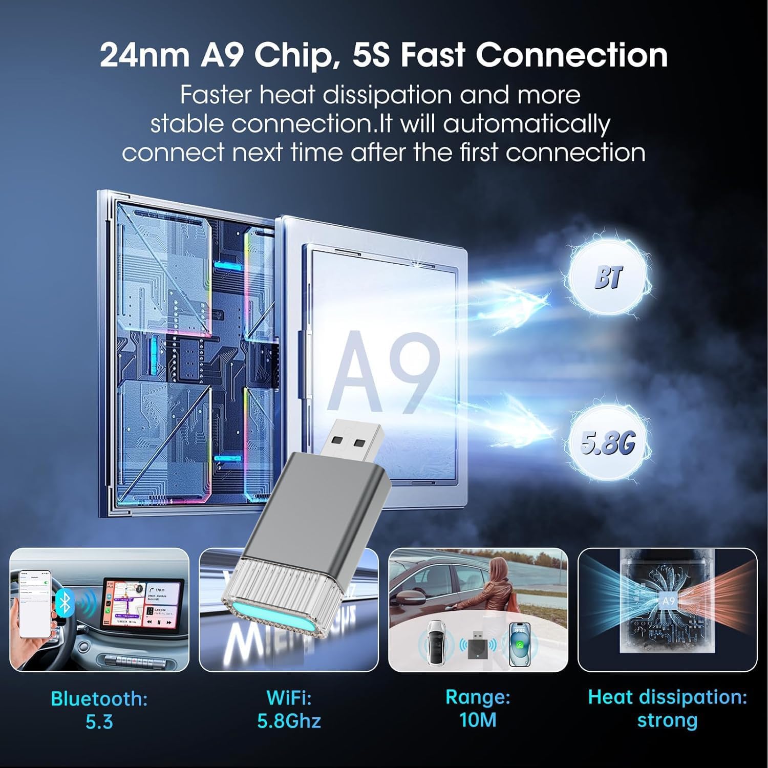 Mini Wireless Carplay Adapter for Apple iPhone,Plug and Play Easy Setup Automatic Reconnect,Convert Wired to Wireless Carplay Adapter Dongle,for Car Play 2016  & iPhone iOS 10  (USB A) Grey01