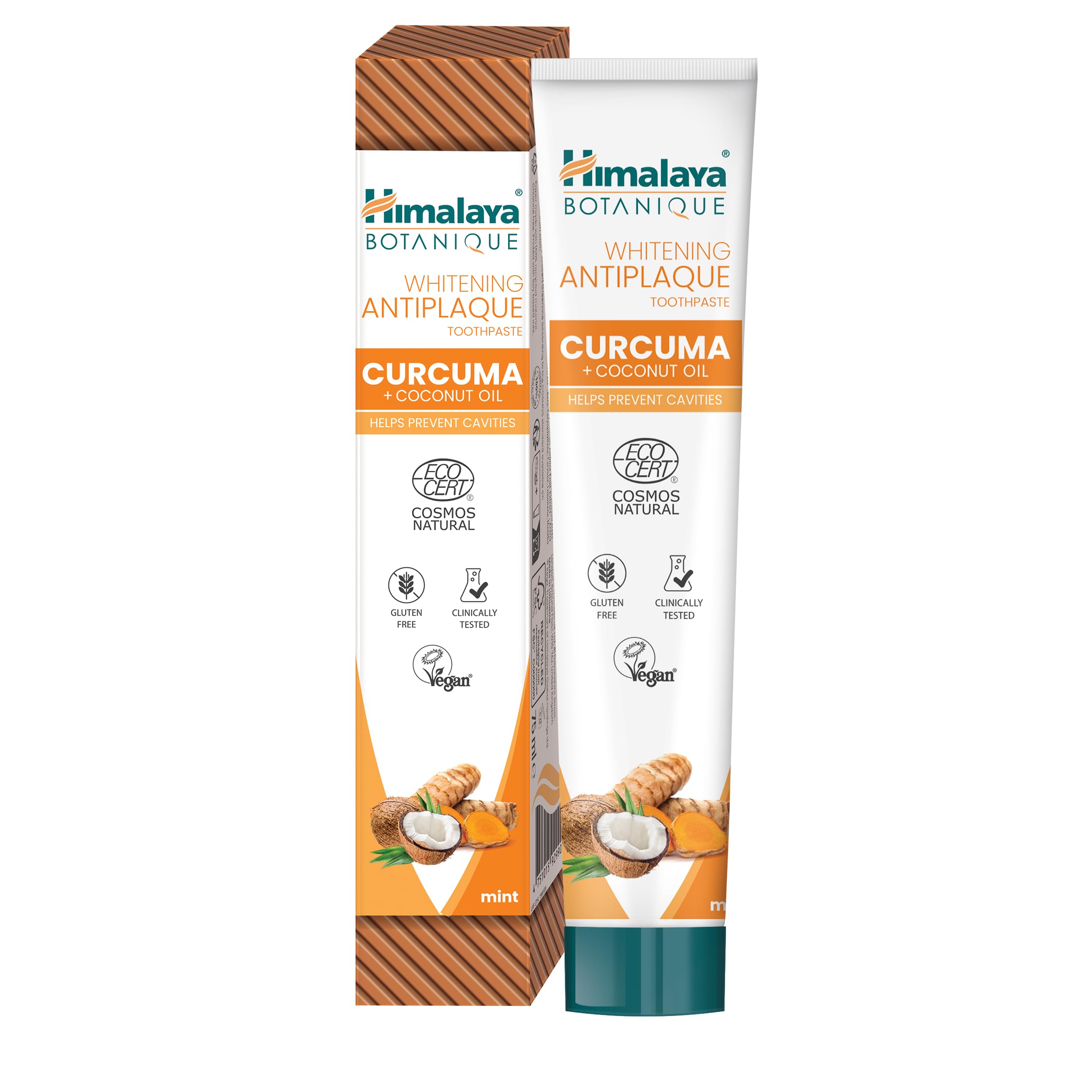 Himalaya Ecocert Cosmos Natural Certified Himalaya Botanique Whitening Antiplaque Toothpaste con Activos Orgánicos, Curcuma + Coconut Oil para dientes más brillantes | Vegano, 75 ml
