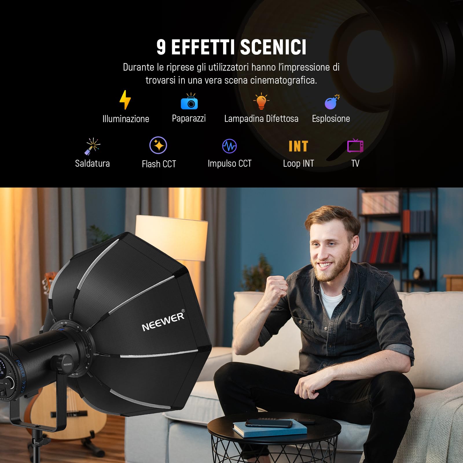 NEEWER CB200 210W Luce Video a LED con Controllo 2,4G/App, Illuminazione Continua COB a Luce Diurna da 5600K per Fotografia con 98500lux/m, CRI97+/TLCI97+, 9 Scene, Dimmerazione PWM, Attacco Bowens