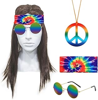 SKHAOVS 4 Pieces Hippie Wig Set, Hippie Costume Accessories, Brown Wig, Sunglasses, Peace Necklace, Tie Dye Headband, 60/70s Costume Accessories, Disco Style Fancy Dress for Men Women (4 Pieces)