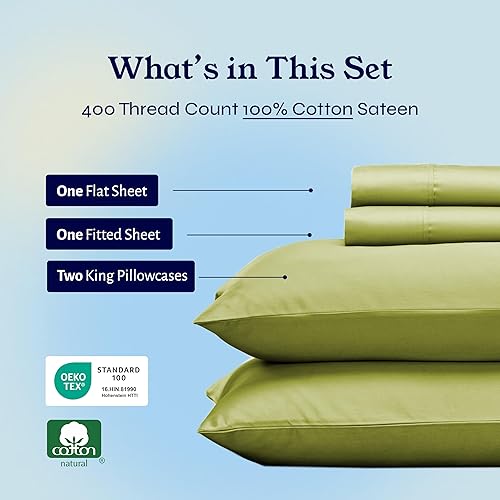 Vista 258 de Juego de sábanas de 400 hilos y 6 piezas, tamaño King, con 4 fundas de almohada, ropa de cama de 100 % algodón con tejido satinado, color azul 12