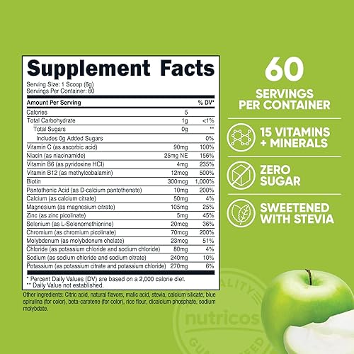 Miniatura 2 de Nutricost Mezcla de bebidas en polvo complejo de electrolitos (manzana verde, 60 porciones), sin azúcar añadido, endulzado con stevia, fórmula nueva