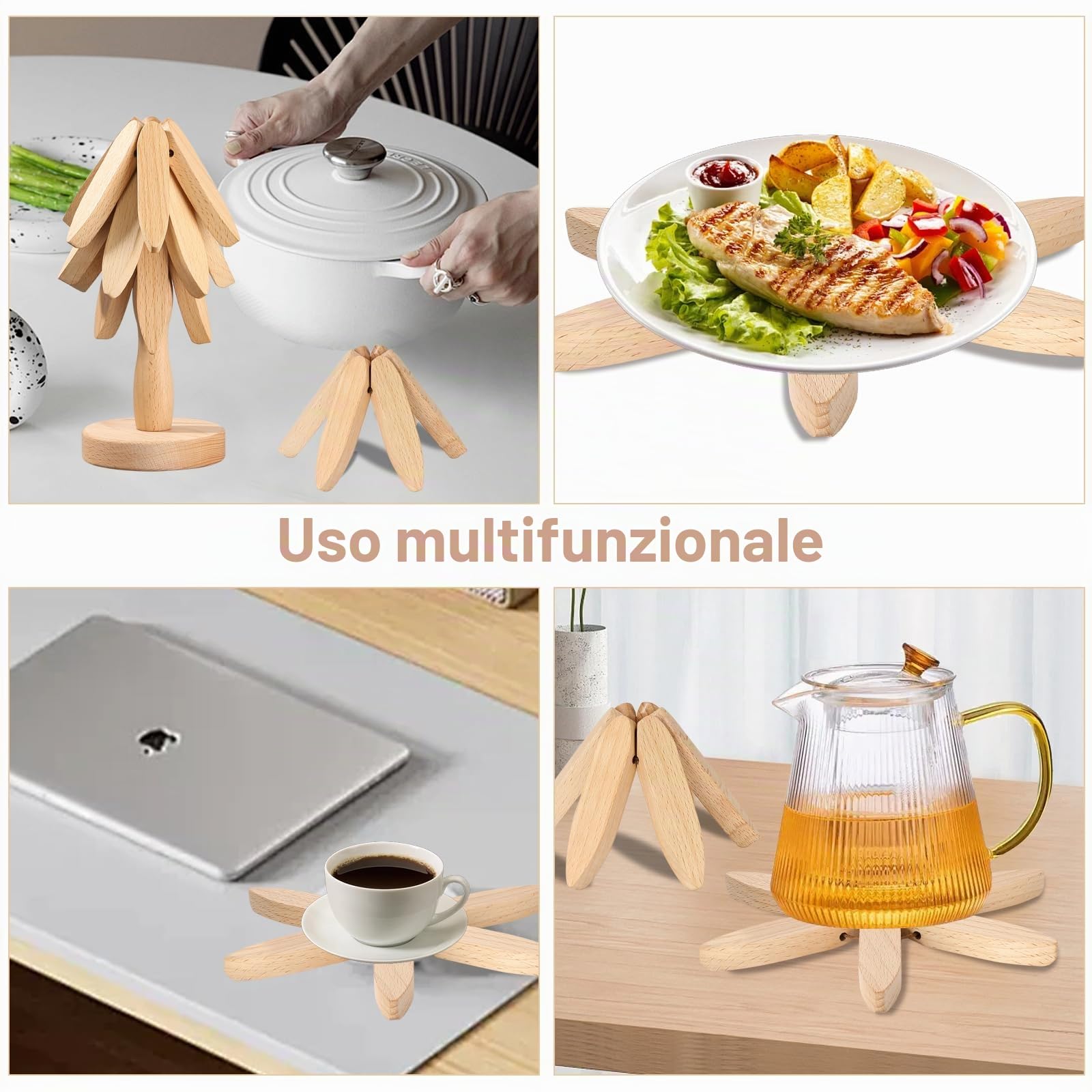 Sottopentola in legno per piatti caldi, a forma di albero di Natale, 4 sottopentola in legno + 1 supporto per riporre come un albero, in legno di faggio per pentole calde, padelle, ciotole, teiere