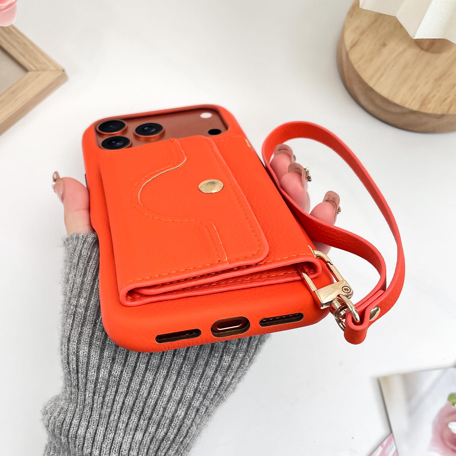 OOK Custodia a portafoglio per iPhone 17 Pro Max con porta carte di credito | Design multifunzionale con slot per schede, cinturino da polso, specchio nascosto, custodia protettiva sottile in pelle TPU