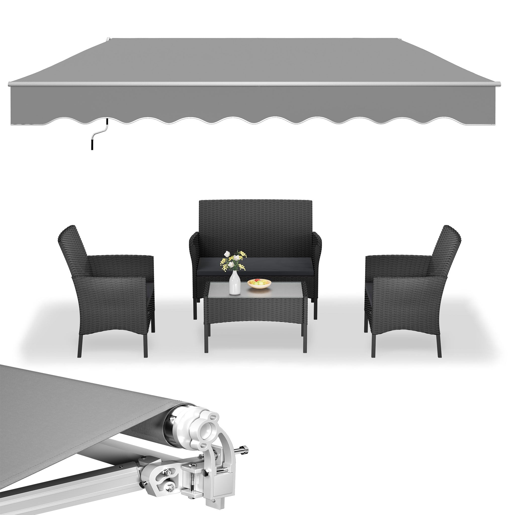 UISEBRT Toldo para balcón, 360 x 300 cm, con brazo articulado, toldo con abrazadera, protección solar, gris claro