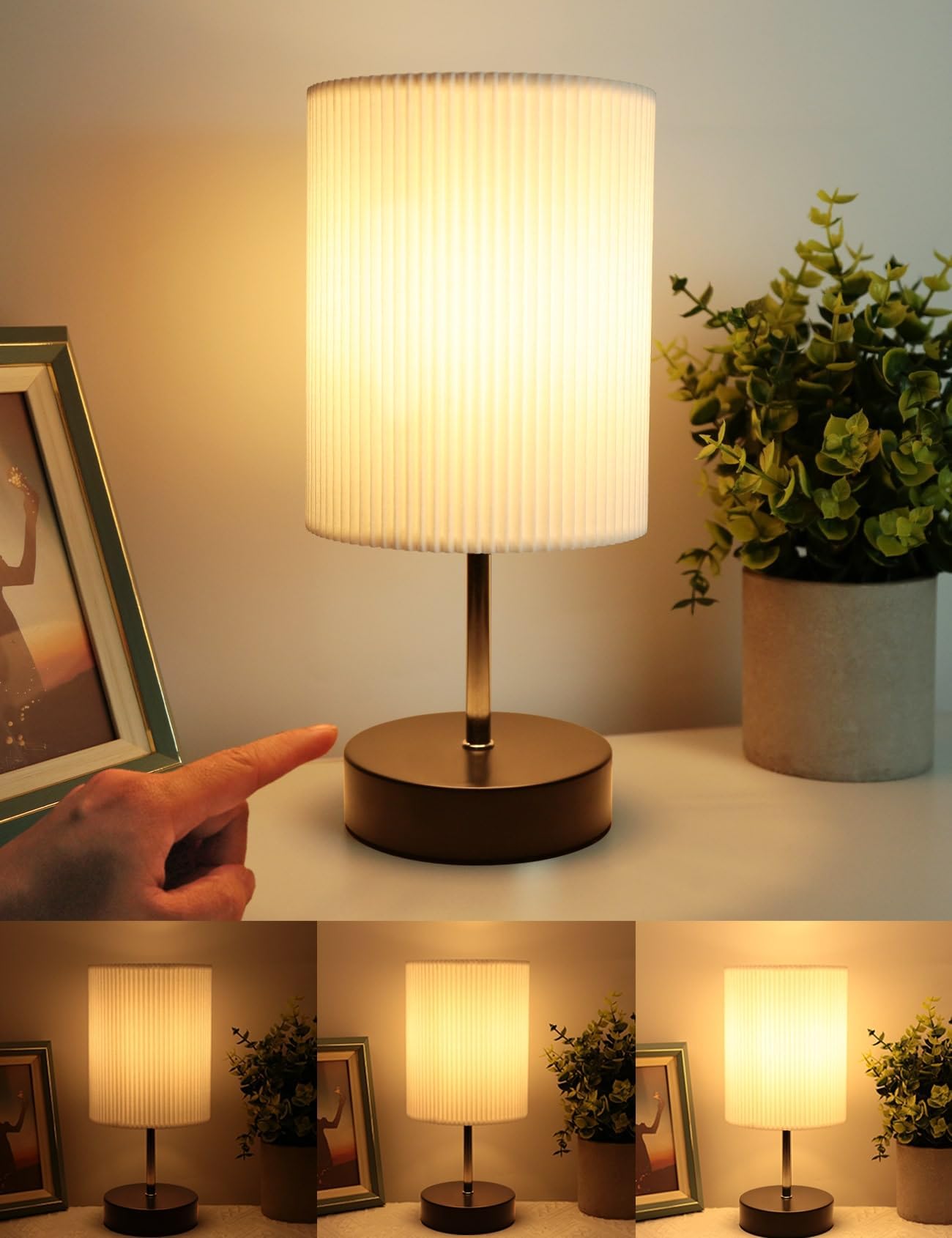 HSLighting Bedside Lamp Touch Control Lamp Table with Metal Base 3-Way Dimmable LED Light Bulbs Desk Lamp Minimalist for Bedroom Living Room Children's Room, Black