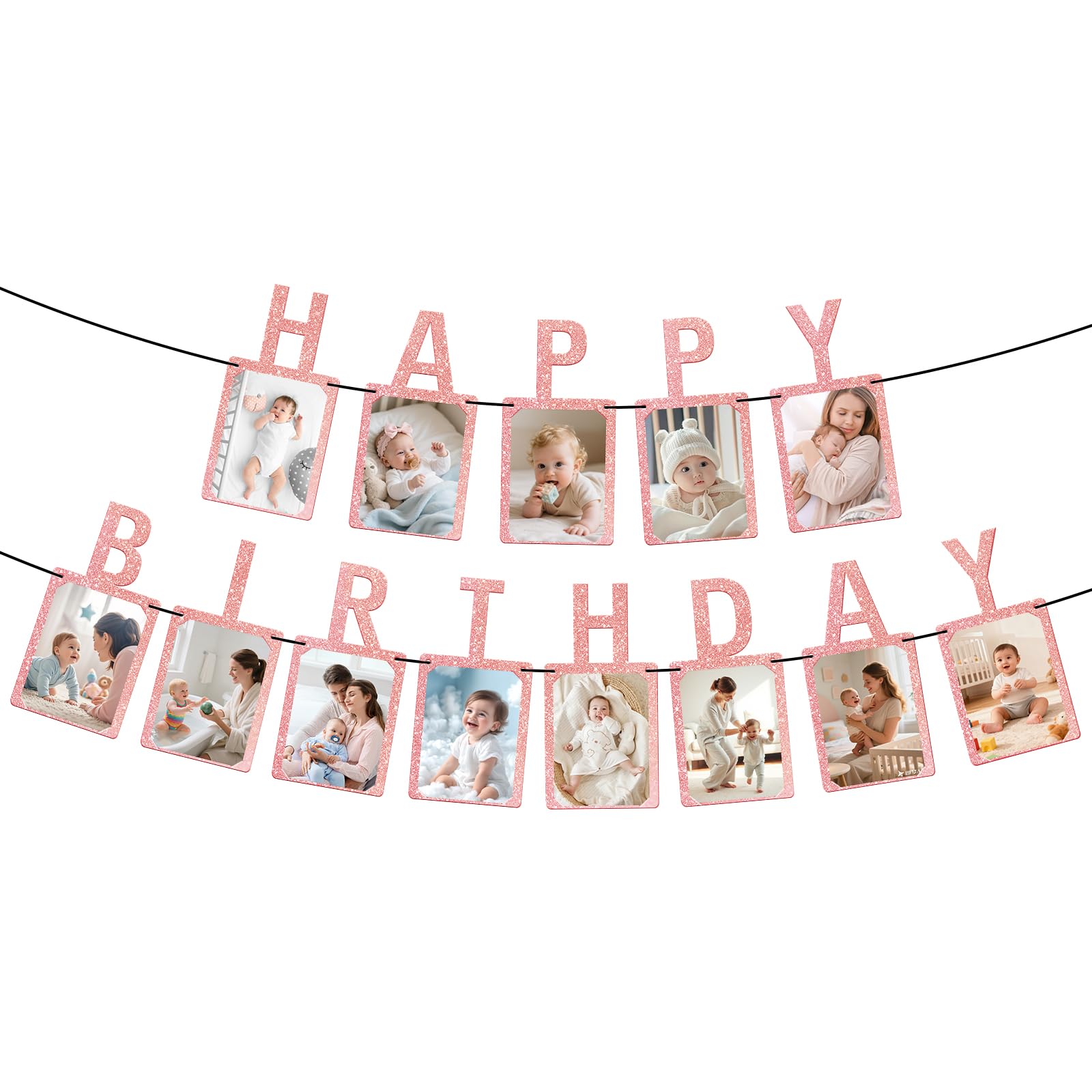 COLANANA Happy Birthday Photo Banner,Rose Gold Card Paper Photo Banner for Birthday Decor,Fashing Funny Birthday Decorations for Women Men