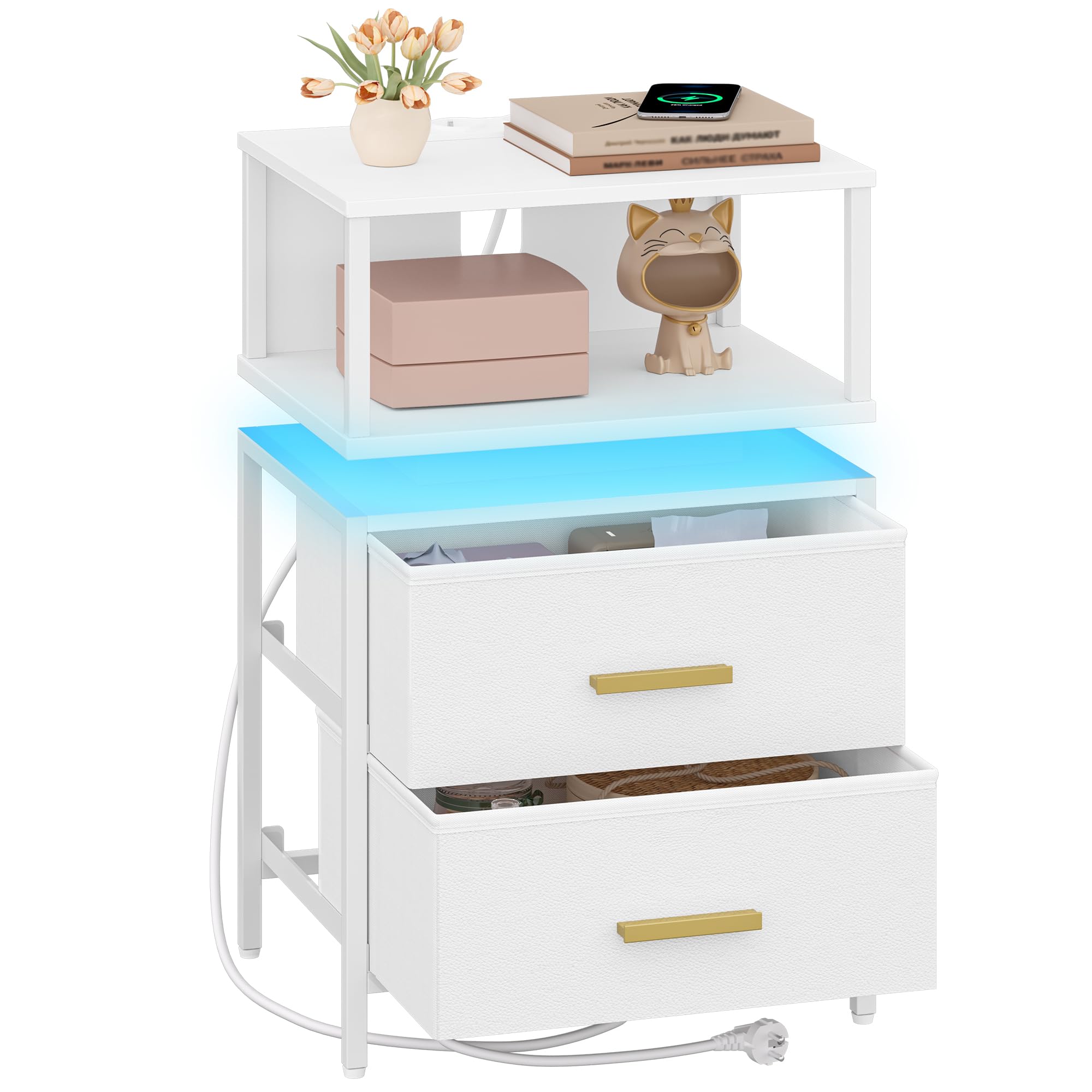 HEXCELEN Table de Chevet, Lot de 2, Table de Chevet Éclairée, 2 Tiroirs et Compartiment Ouvert, Tables d’appoint avec Ports USB et Prises, pour Chambre à Coucher, Salon, 30,1 x 40,2 x 62,1 cm Blanc