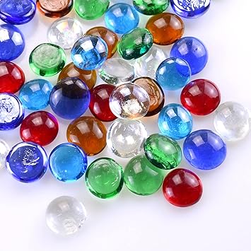 KINGOU Flat Glass Marbles, 15.5 OZ Premium Mixed Color Glass Flat Gems Vase Filler Beads Aquarium Pebbles DIY Craft Table Scatter D?cor, (17-19mm, Approx. 3/4