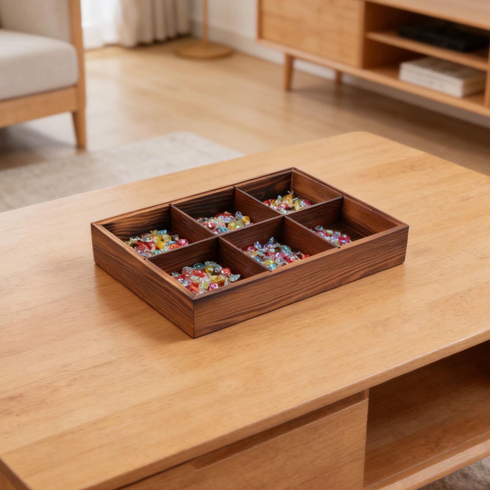 Plateau Compartimenté en Bois avec Couvercle, 6 Sections Marron | Acrylique Transparent, Service Polyvalent pour Restaurants et Événements Extérieurs, Rangement Snacks et Bonbons