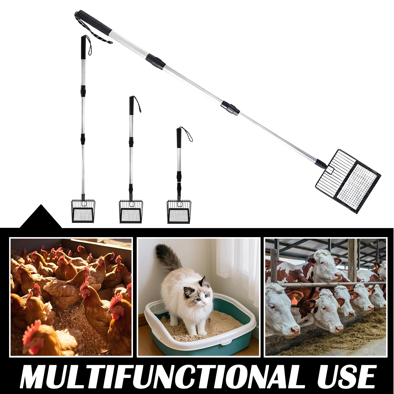 Pelle à déjections de poulet 3 en 1 - En métal - Poignée télescopique - 58-106 cm - Réglable - Pour le nettoyage du poulailler