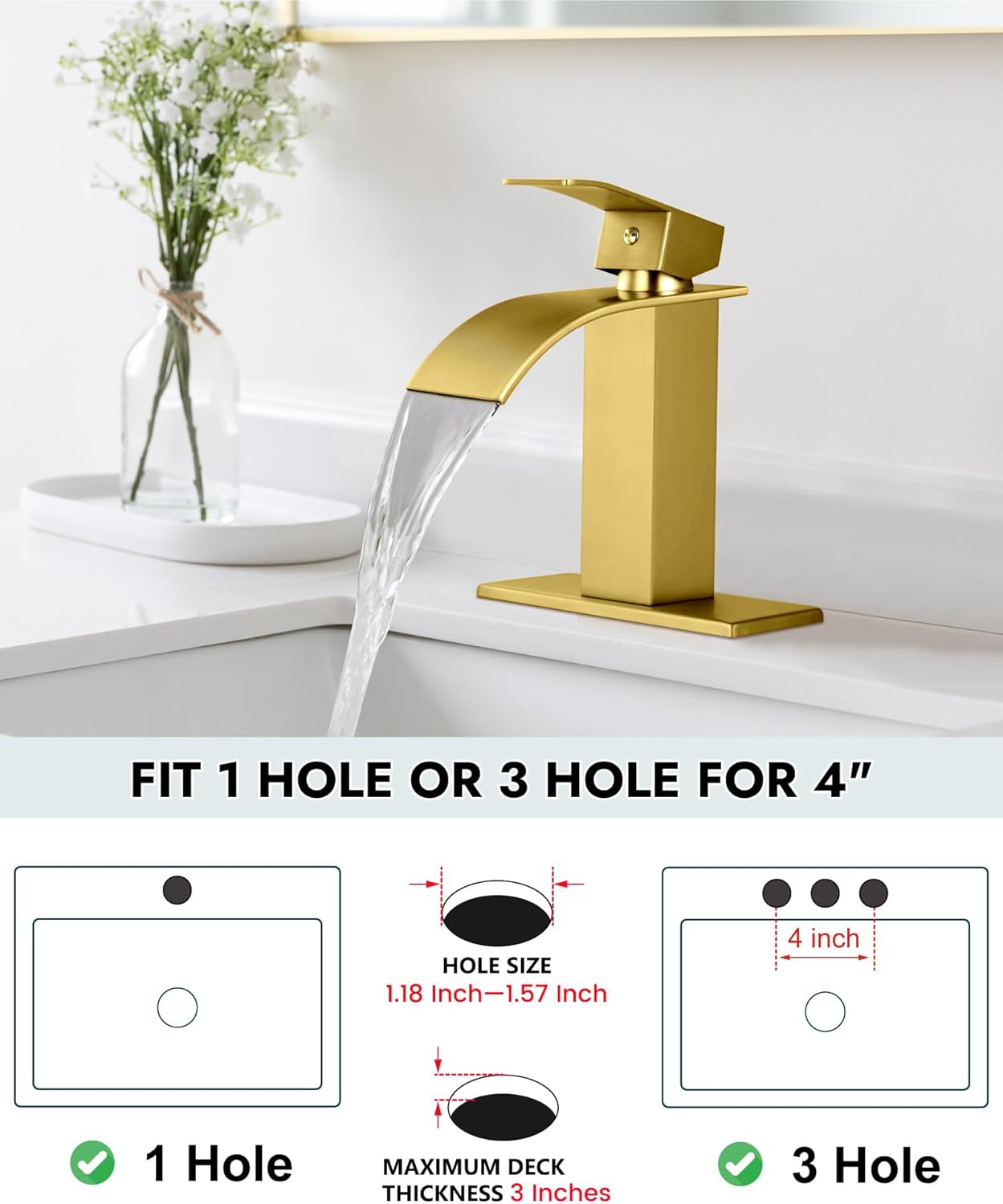 Midanya Bathroom Faucet with Waterfall Spout, Single Hole or 3-Hole Deck Mount, 304 Stainless Steel Sink Faucet with Pop-Up Drain, RV Vanity Compatible,Gold - Image 4
