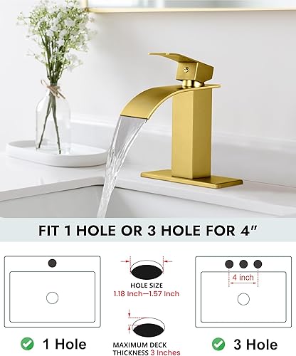 Miniatura 4 de Midanya Grifo de lavabo de baño de oro cepillado, boquilla de cascada, mango único, 1 agujero, montaje en cubierta, grifo mezclador de lavabo