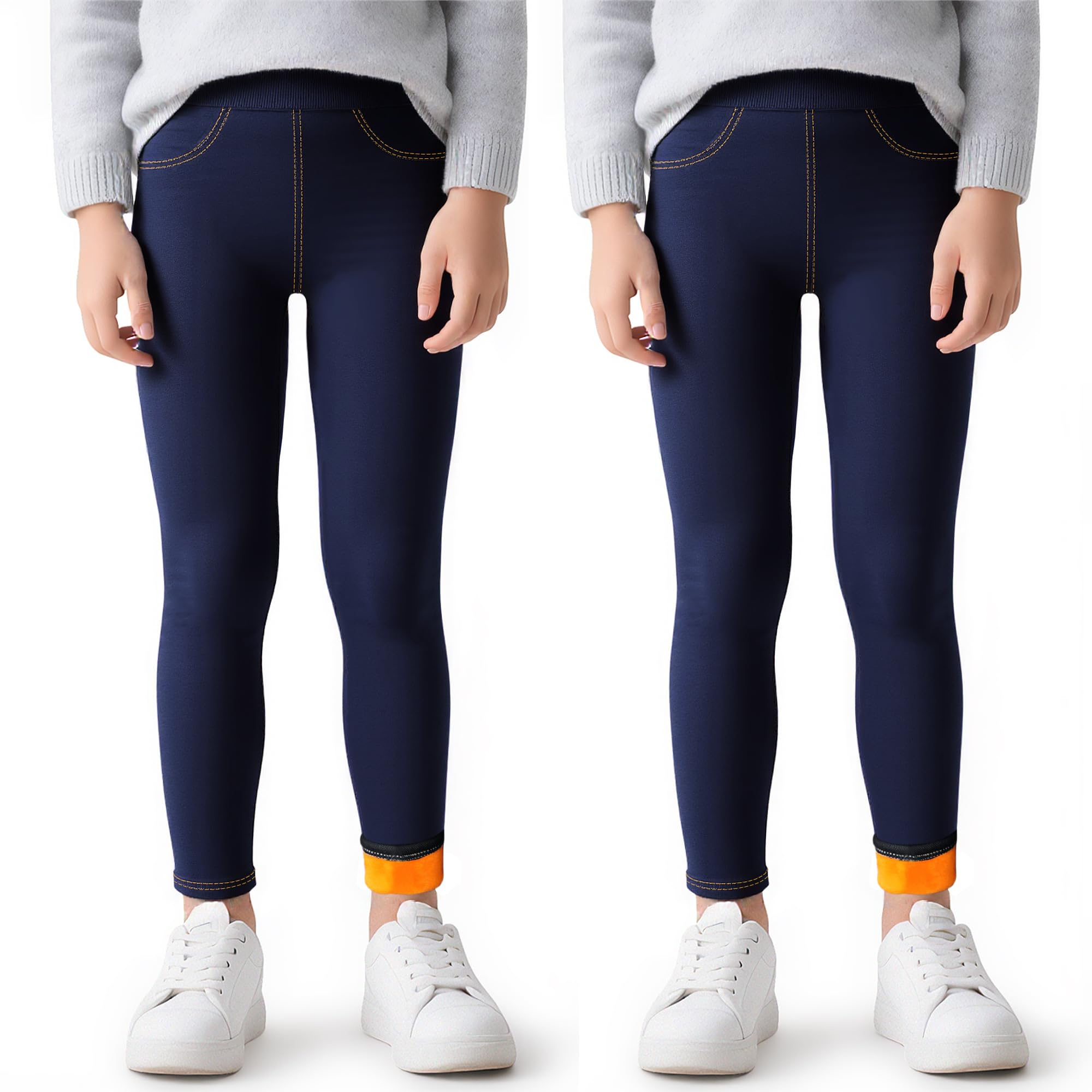 Ragazze Termici Leggings Foderati in Pile, Jeans Jeggings Bambina Legging, Pacco da 2, Vita Alta Felpati Lunghi Caldi Pantaloni Autunno Invernali Abbigliamento, 4-12 Anni