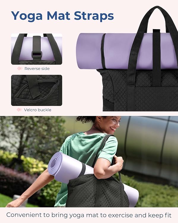 BAGSMART Large Tote Bag For Women, Travel Shoulder Bag Top Handle Handbag with Yoga Mat Buckle for Gym, Work, Travel(Black, Large by BAGSMART - Image 3
