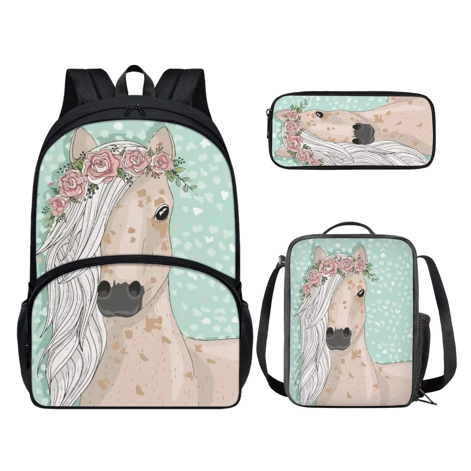 POLERO Juego de 3 bolsas escolares con impresión 3D para el almuerzo, estuche para lápices, Verde Caballo, Talla única, Mochila infantil