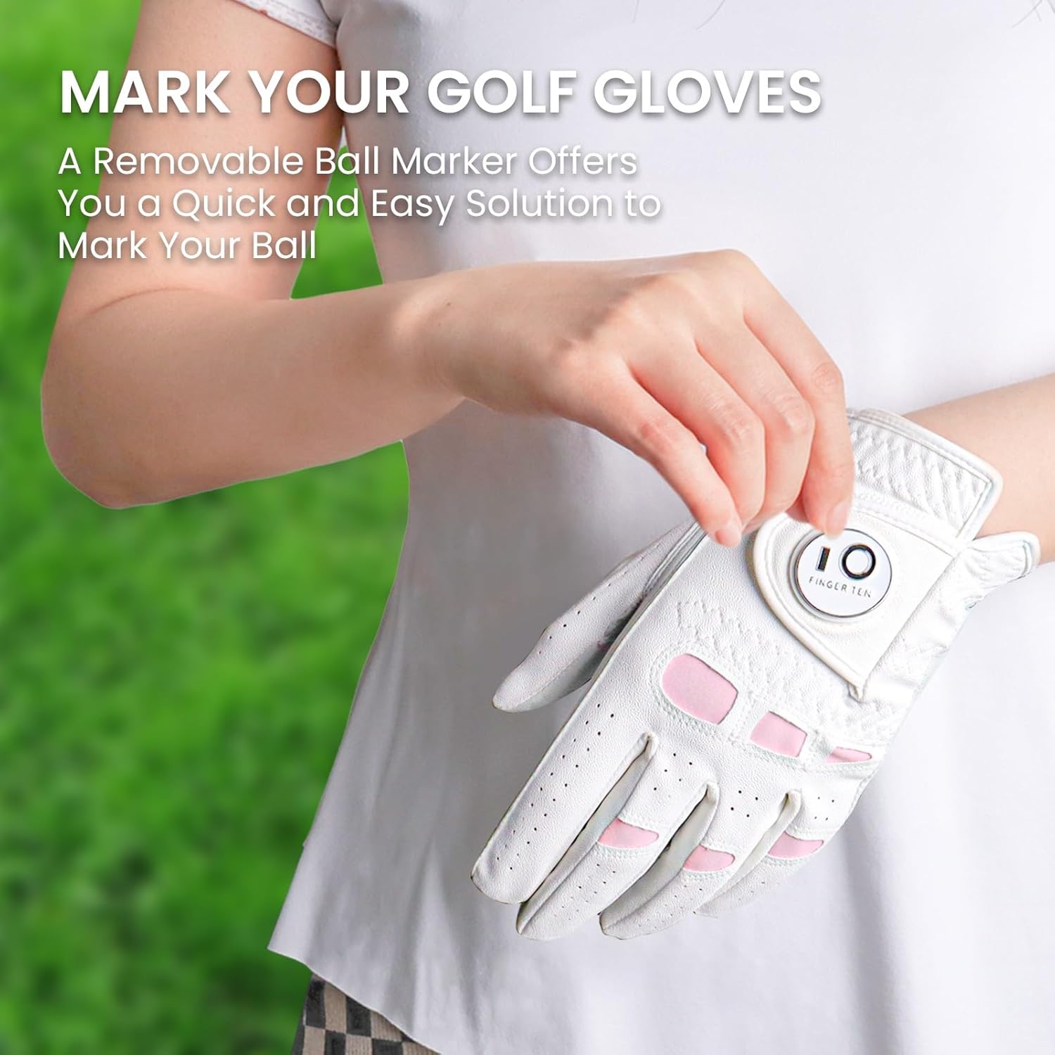 FINGER TEN Women’s Leather Golf Glove with Ball Marker Ladies Gloves Left Right Handed Golfer Extra Grip 1 Pack, Left Right Hand Pink Fit Woman Girl, Size Small Medium Large XL - Image 4