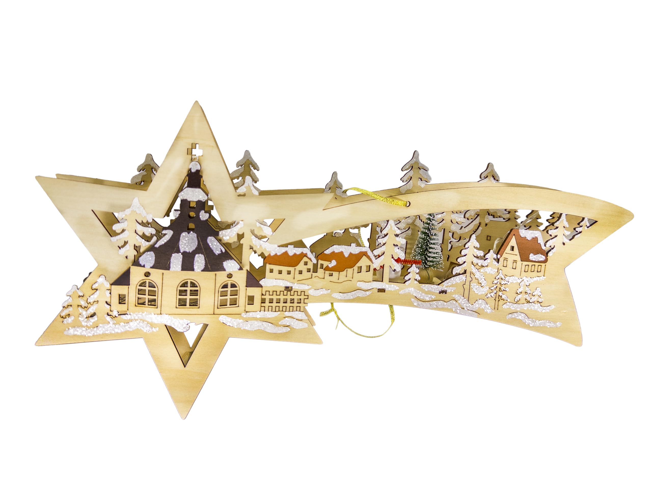 Kaladia Beleuchtete Dekoration/Fensterschmuck Sternschnuppe aus Holz – Motiv: verschneites Dorf - Weihnachtliche Deko mit warmem Licht – Handbemalt & Batteriebetrieben - Maße: 22 x 4 x 22 cm