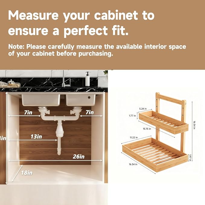 Organizador de bambú para debajo del fregadero - Estante para gabinete de 2 niveles con niveles ajustables, almacenamiento deslizante para armario, despensa, cocina, baño (Natural, 1 pieza) miniatura 2