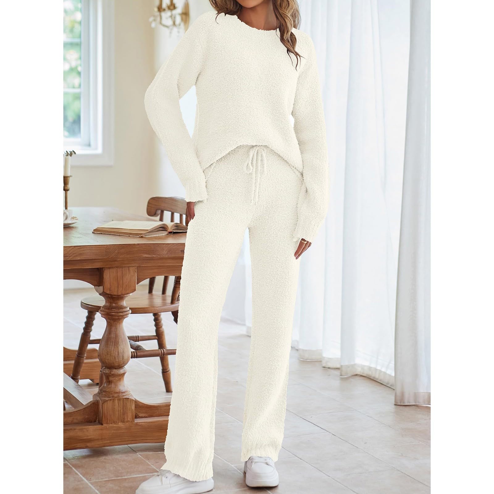 Conjunto completo de 2 piezas de forro polar mullido de manga larga para mujer, conjunto completo de suéter de felpa de pierna ancha, pantalones rectos, conjuntos de pijama de otoño e invierno, Reino