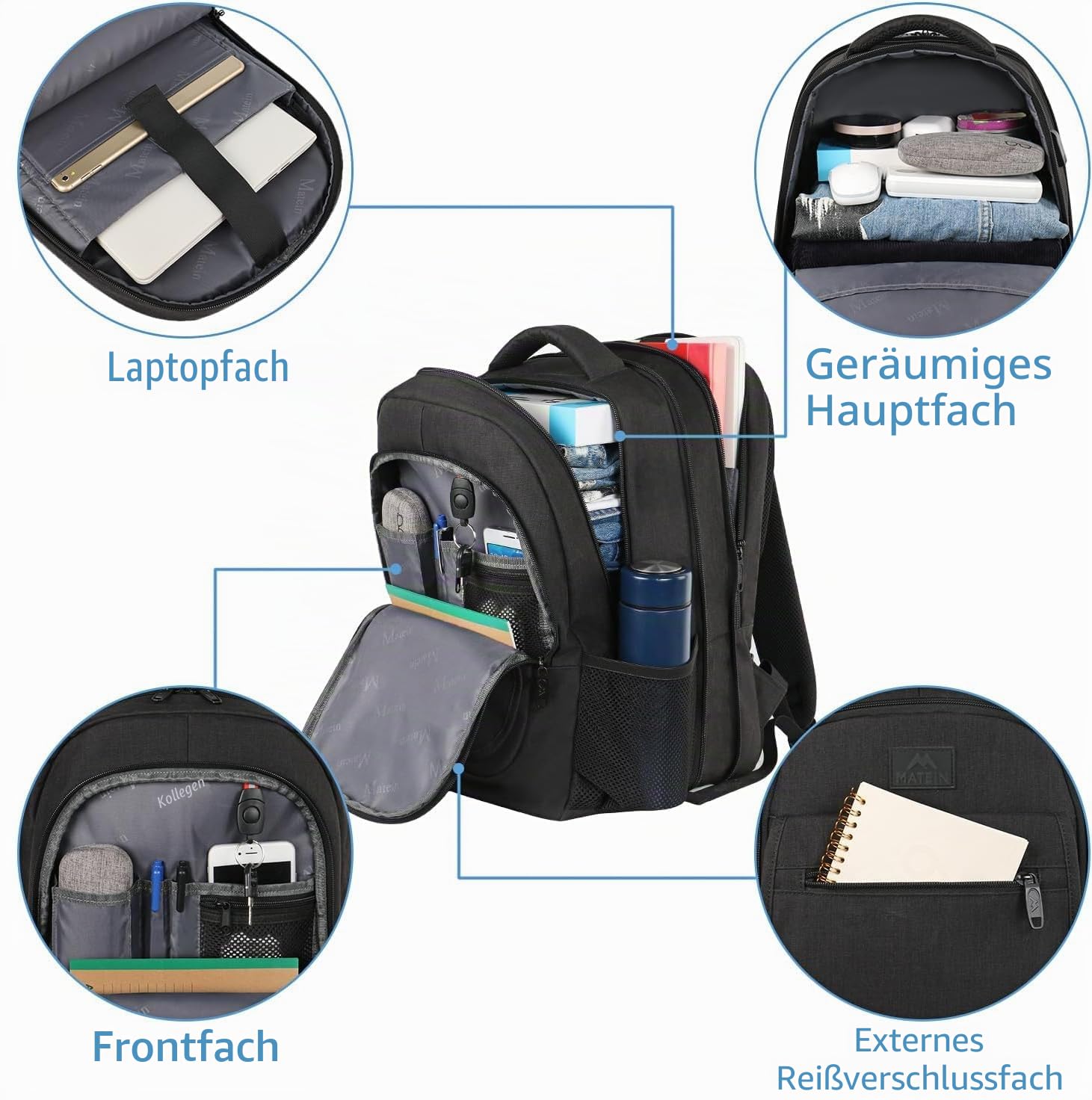 MATEIN Rucksack Herren, Groß Erweiterbarer Laptop Rucksack 15,6 Zoll mit USB Ladeanschluss, Business Reise Backpack Damen, Wasserdicht Anti Diebstahl Rucksäcke Arbeit Schulrucksack Tasche, Schwarz