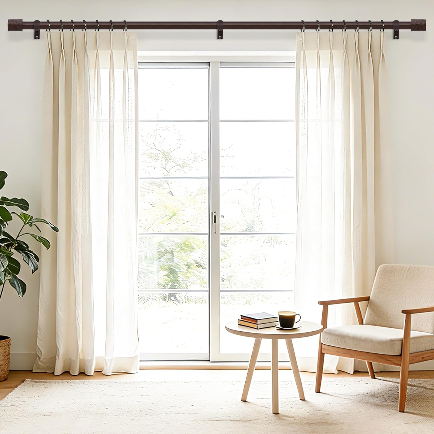 2 Pack Walnut Wood Curtain Rods,1'' Decorative Adjustable Rustic Farmhouse Drapery Rod, Heavy Duty Boho Curtain Pole for Windows 48 to 84 Inch with Imitation Wooden Grain Finials, Size 30"-88"