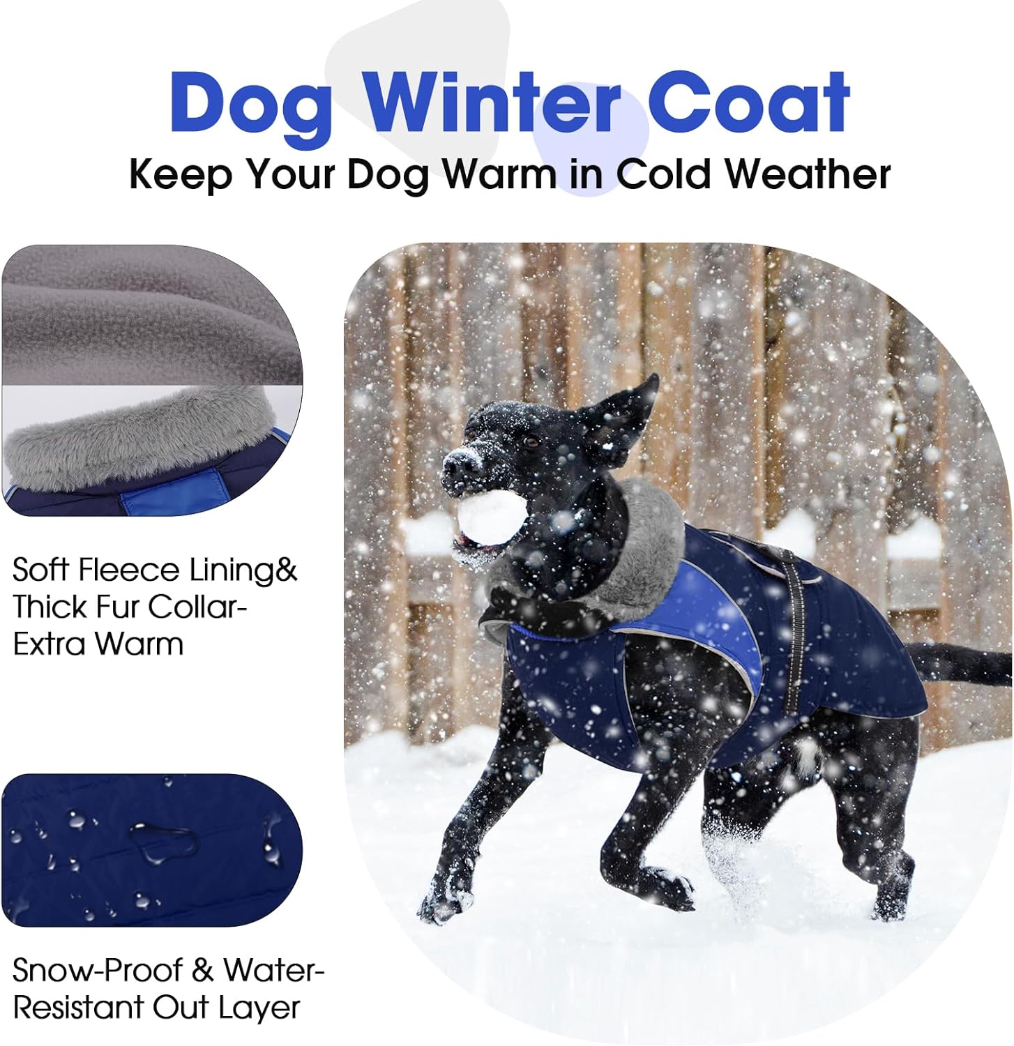 Nanaki Large Dog Coat for Winter Waterproof, Warm Fleece Lining Reflective Large Dog Jacket with Leash Hole, Furry Collar Cold Weather Puppy Vest Outdoor Walking Hunting Easy On Pet Snowsuit Blue 2XL XX-Large DarkBlue