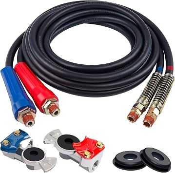 15FT Rubber Air Line Hose Assembly Set | Air Hose With Grip, Galdhand and Gladhand Seals, Heavy Duty Air Lines for Tractor Trailer