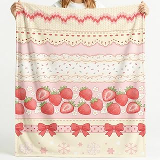 Jordgubbar rosetter lätt filt 200 x 200 cm flanell fleece överkast | Spetstryck ultravarm och mysig filt rosa kräm perfekt för soffan, vardagsrumsinredning, soffa, säng, gåvor, husdjur