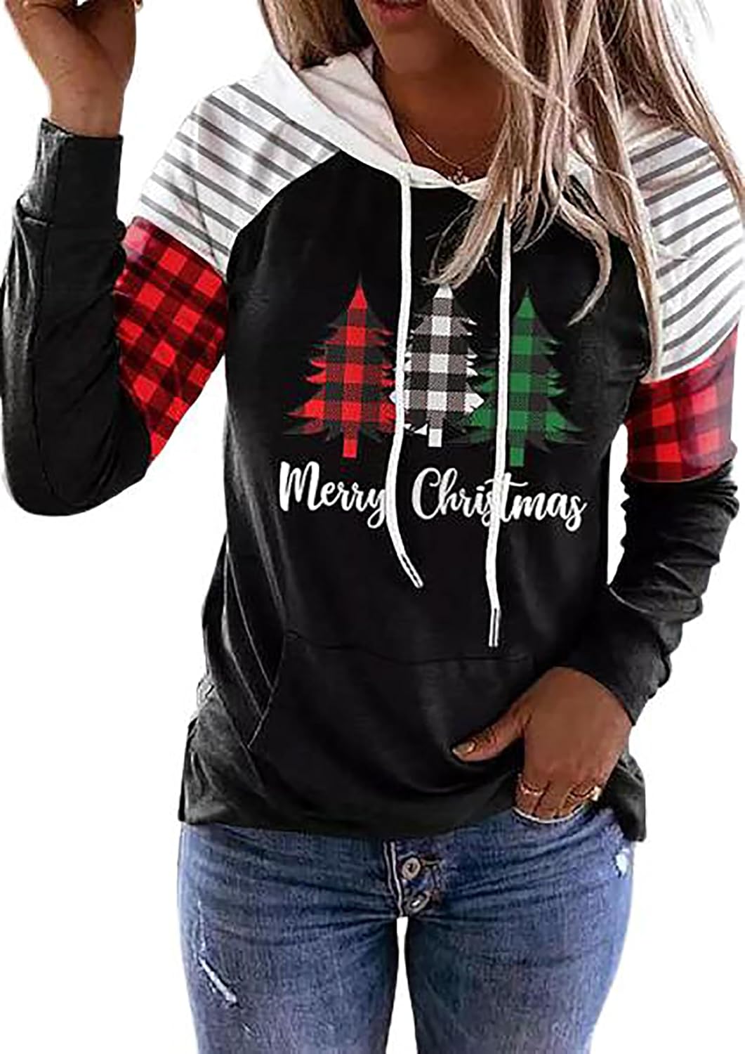 Merry Christmas Buffalo Plaid Leopard Tree Hoodie Shirt Women Christmas Color Block Plaid Long Sleeve T-Shirt Tops