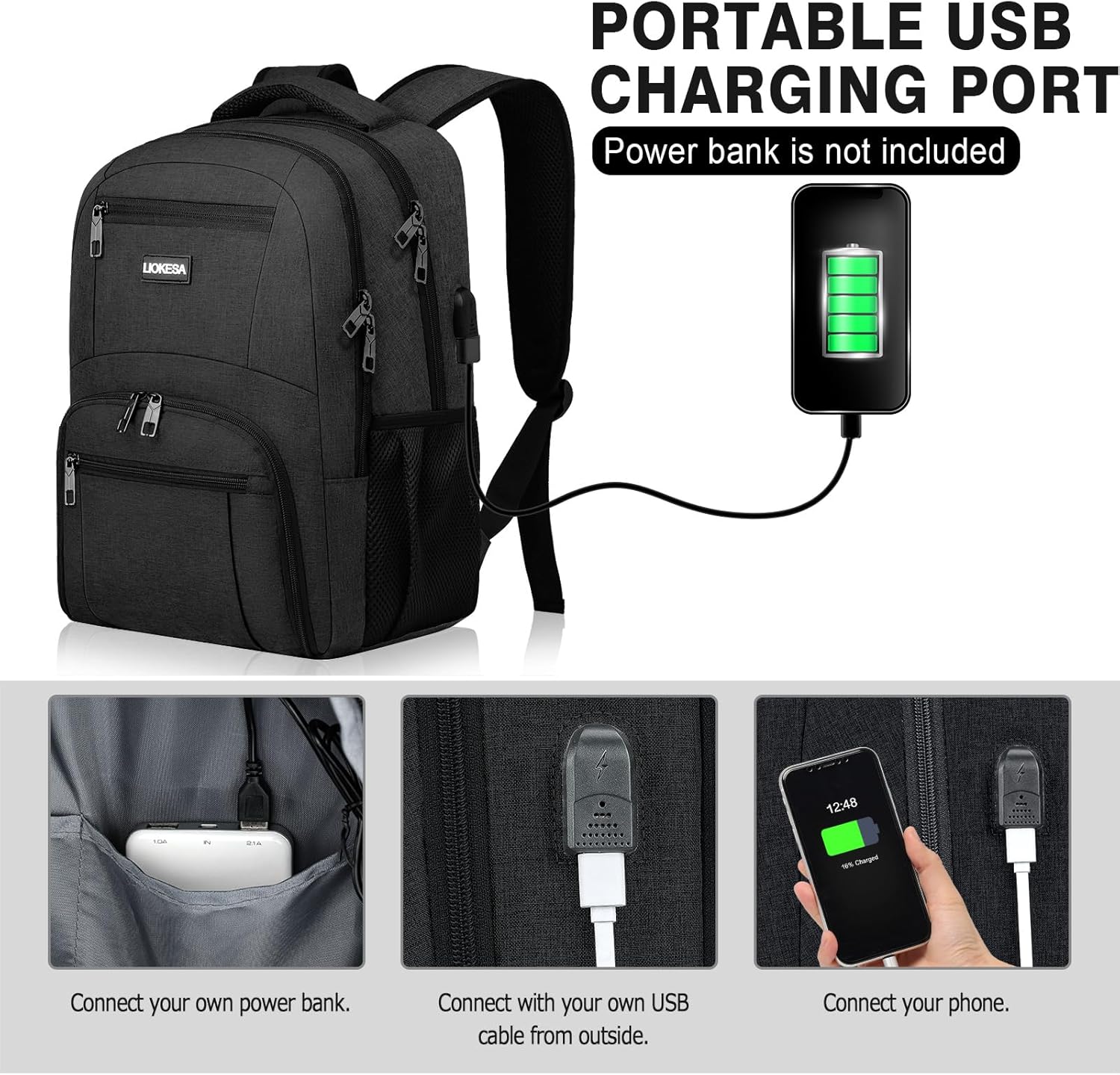 Backpack for Men Women, School Backpacks for Teen Boys Girls, Water Resistant Laptop Backpack with USB Charger, 15.6 Inch Black College Bookbag - Image 3