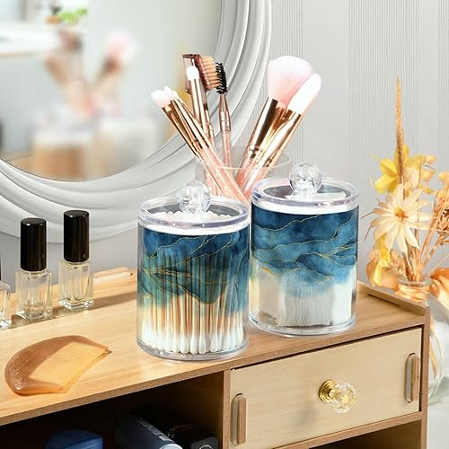 Vista 27 de Paquete de 2 recipientes de almacenamiento de mármol turquesa para baño, juego de tarros de boticario de plástico acrílico, organizador
