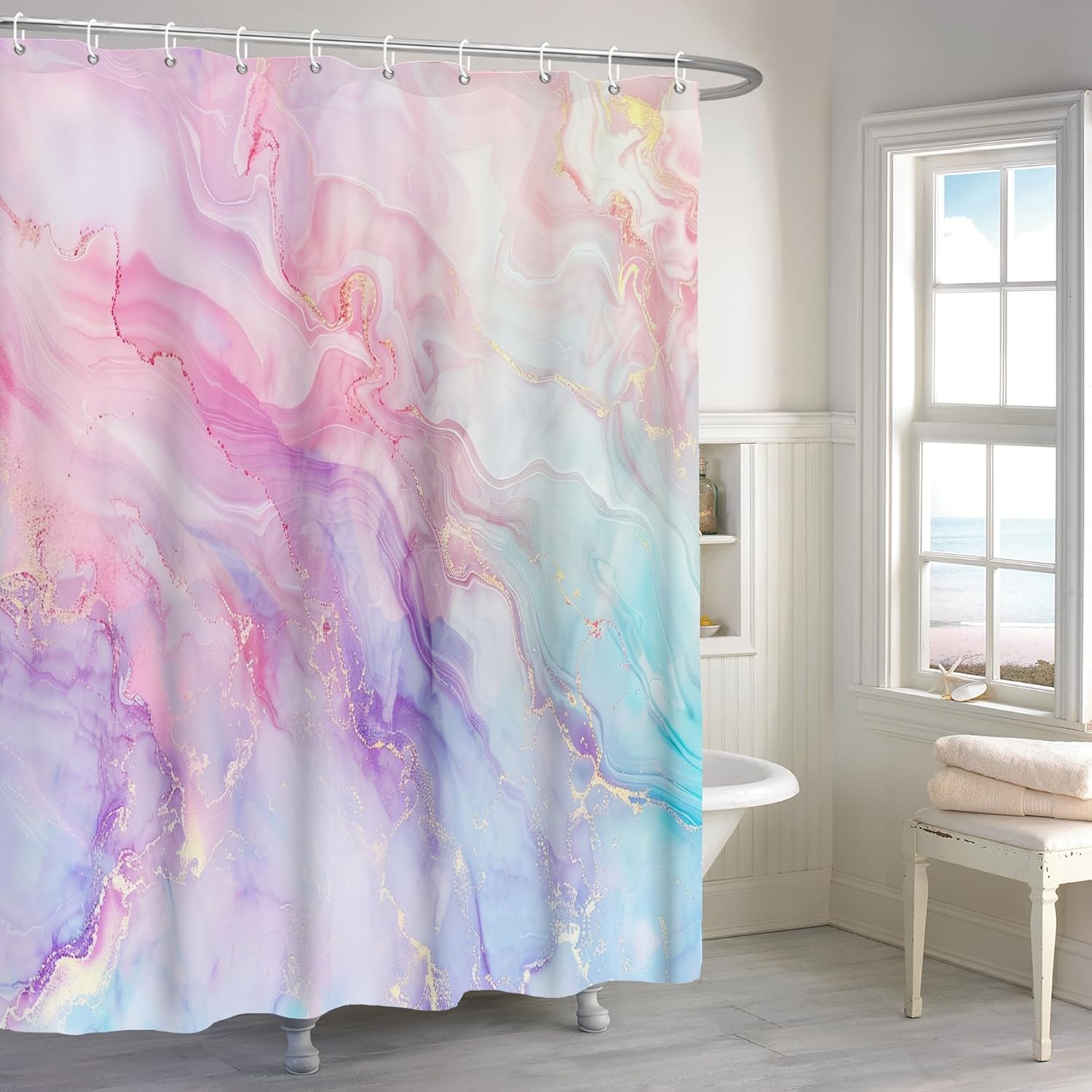 Renaiss 72x78 Inches Marble Shower Curtain Abstract Pink Purples Blue Fluid Ink Art Texture Lines Modern Luxury Fabric Shower Curtains for Bathroom Decor Set Polyester Waterproof with Hooks