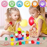 Vista 6 de KIZZYEA Montessori Toys for 2 3 4 5 Year Old Toddler, Wooden Beads Sequencing Toy, Lacing Beads, Stacking Block & Shape Stacker Toy
