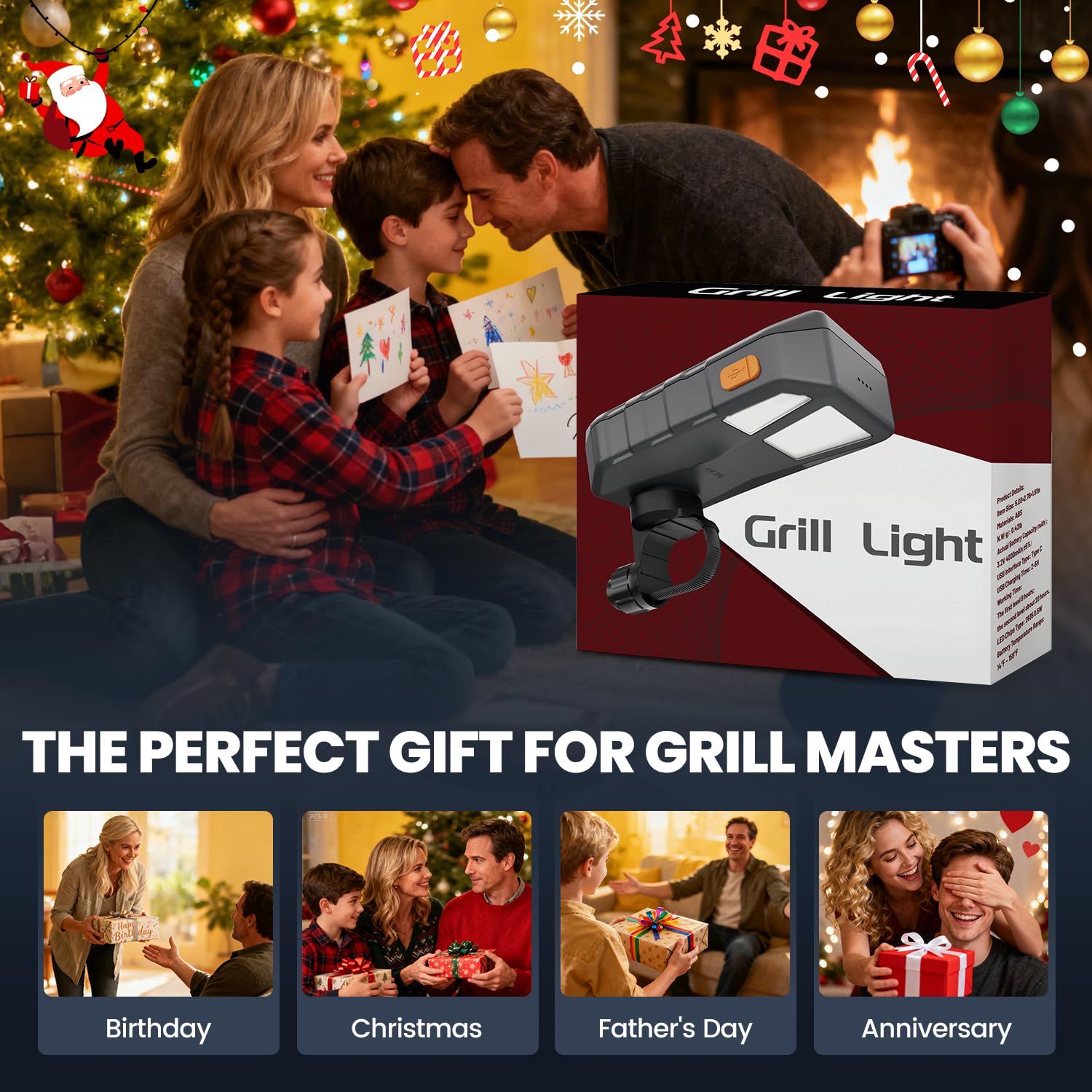 Goldusk Luz de parrilla, para accesorios de parrilla al aire libre, regalo de Navidad, interruptor automático, luz de barbacoa recargable