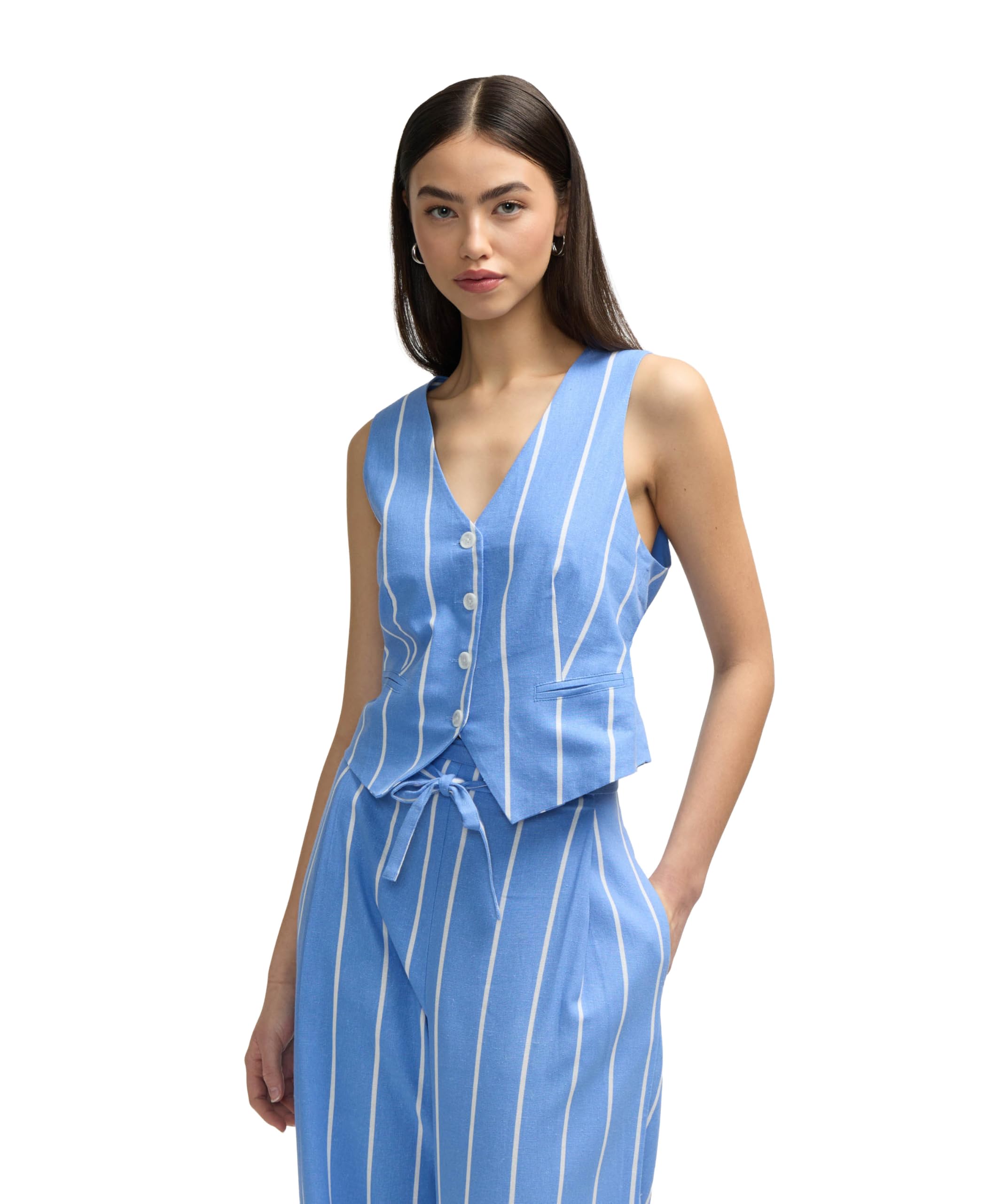 nvlt Women's Linen Tailored Vest, Blue/White Stripe, Medium-picture-13