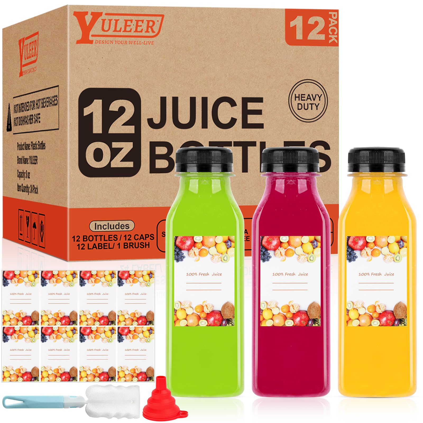 YULEER Plastic Juice Bottles with Caps 12PCS 12OZ Reusable Juice Bottles with Leakproof Lids, Brush, Funnel & Labels Clear Juice Containers for