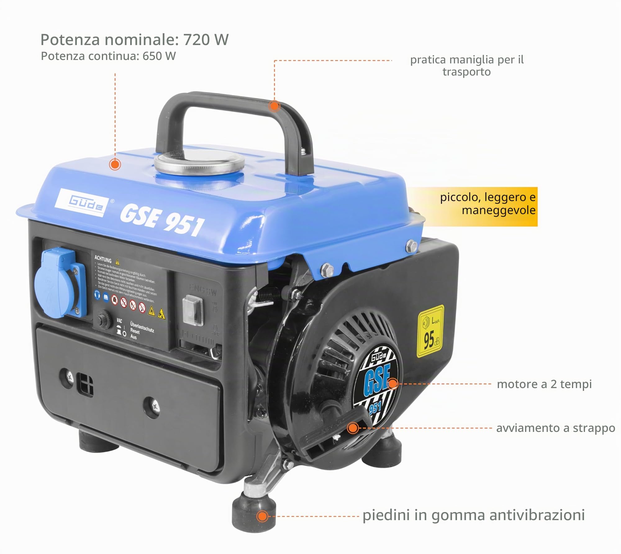 Güde Generatore di corrente GSE 951 (motore a 2 tempi, benzina, 1/1,36 (kW/PS), 1 presa da 230 V, max. 720 W, autonomia fino a 7,5 h, serbatoio 3,8 l, avviamento reversibile, maniglia, peso 15,85 kg)