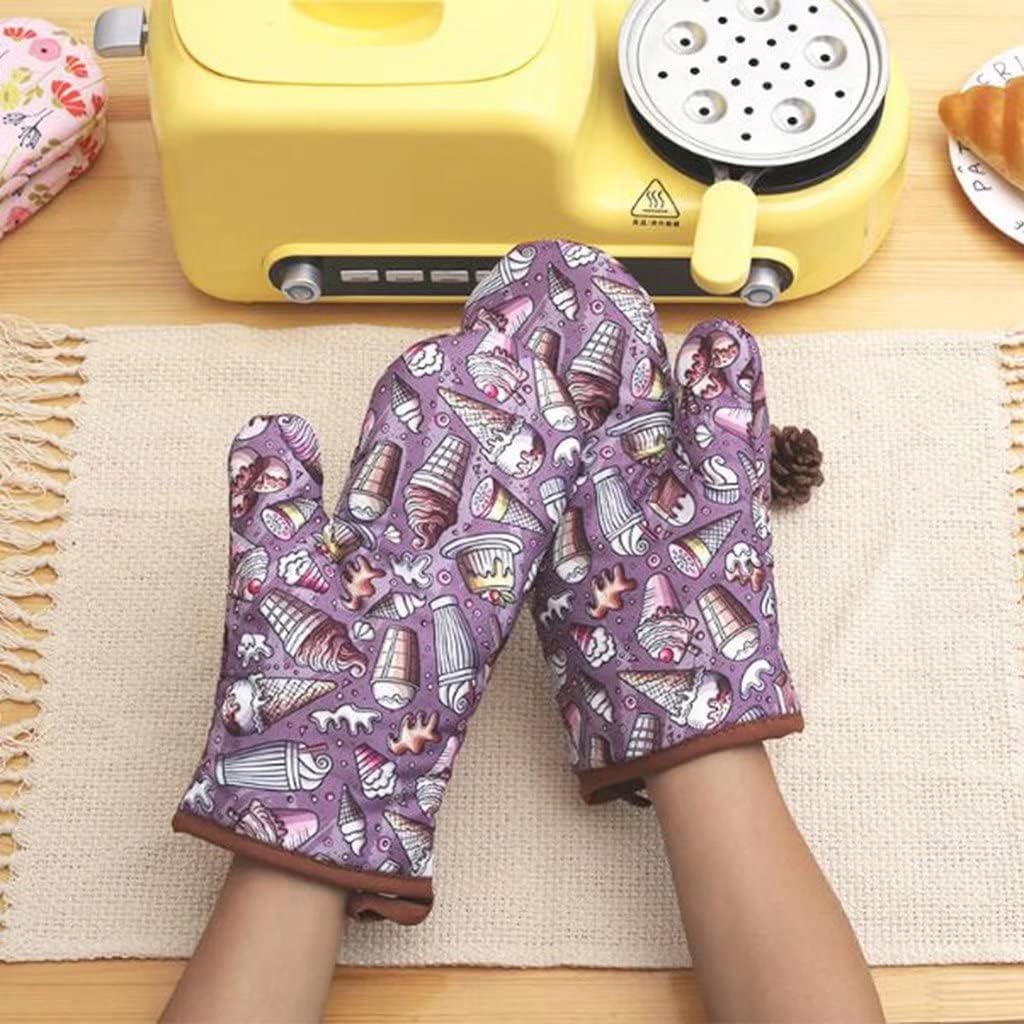 Oven Gloves, Ice Cream Printed Oven Gloves, Heat Resistant Non-Slip Kitchen Gloves for BBQ, Cooking, Baking, Food. (a Pair of Gloves)